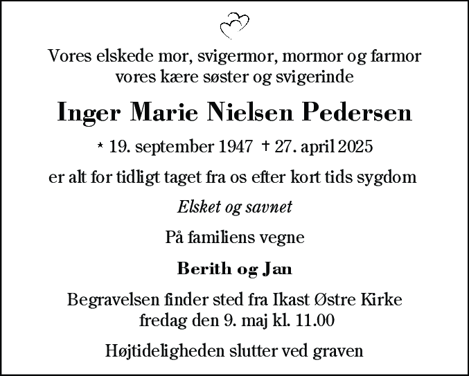 Dødsannonce for Inger Marie Nielsen Pedersen