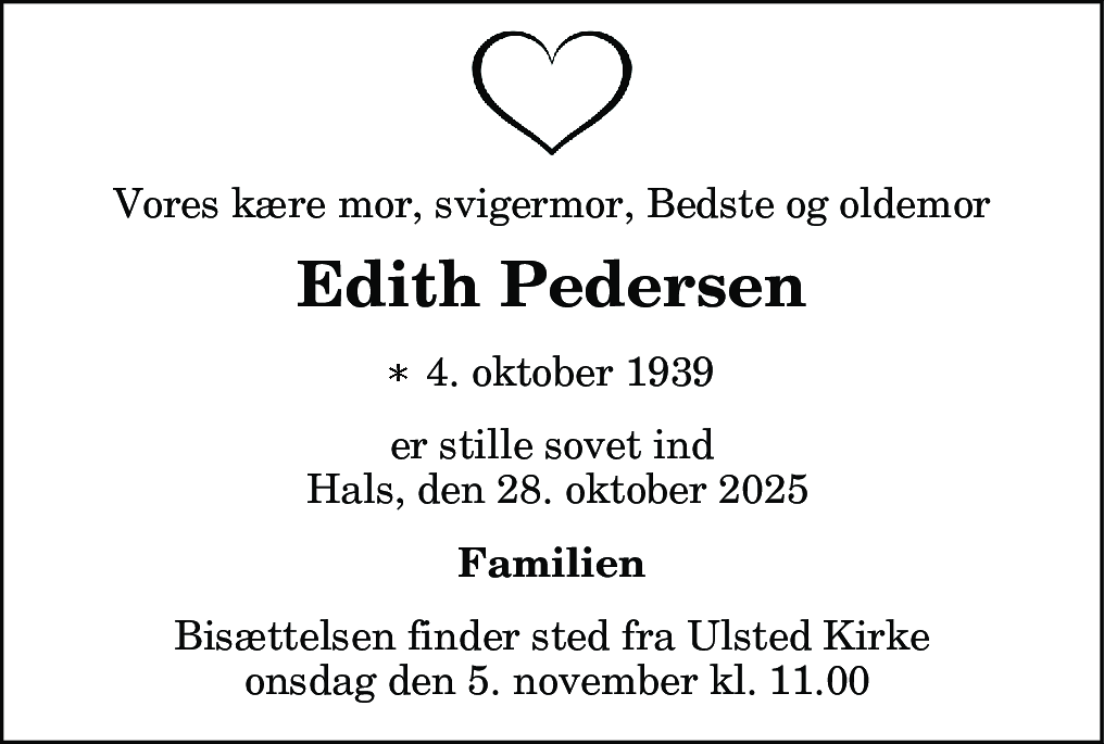 Dødsannonce for Edith Pedersen
