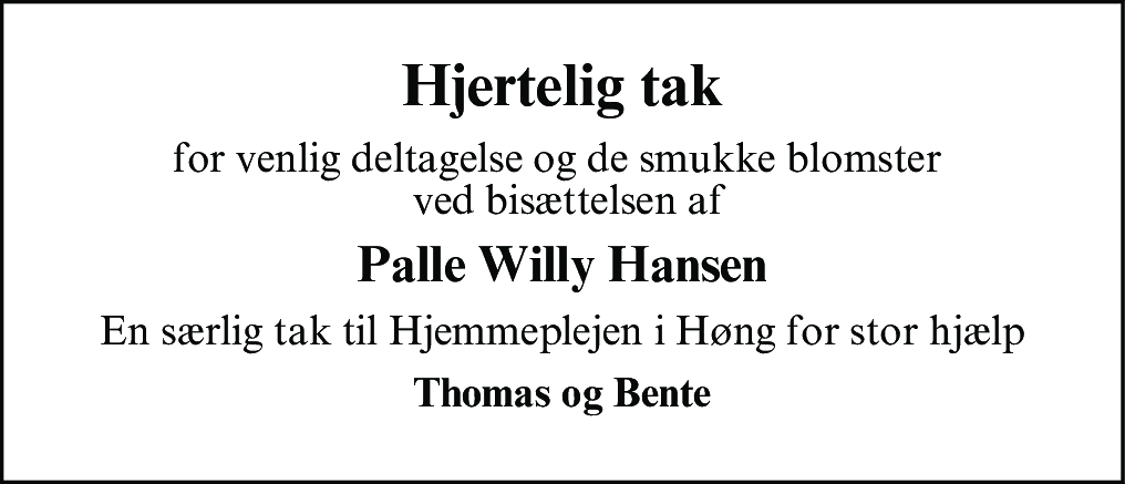 Dødsannonce for Palle Willy Hansen