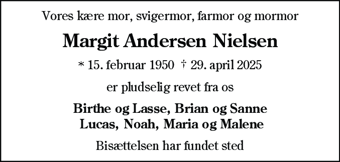 Dødsannonce for Margit Andersen Nielsen