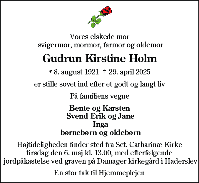 Dødsannonce for Gudrun Kirstine Holm