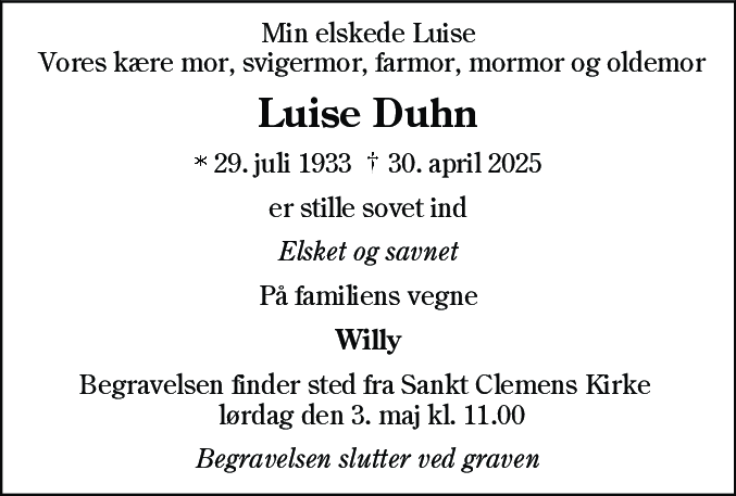 Dødsannonce for Luise Duhn