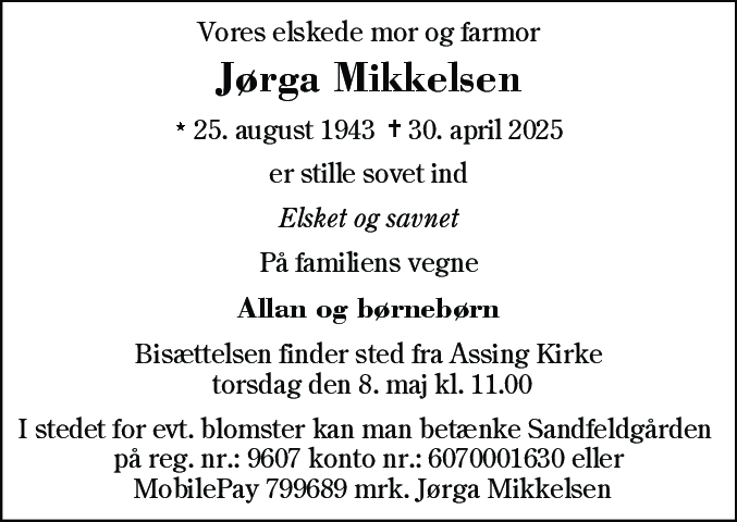Dødsannonce for Jørga Mikkelsen