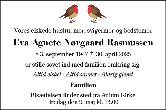 Dødsannonce for Eva Agnete Nørgaard Rasmussen