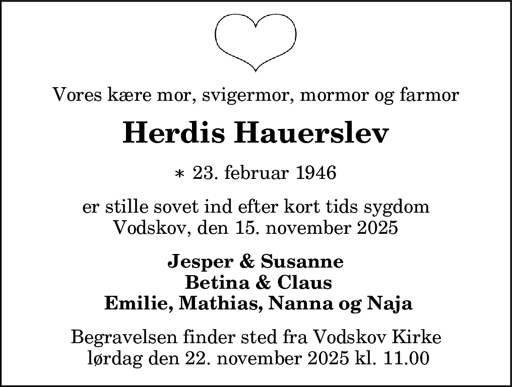 Dødsannonce for Herdis Hauerslev