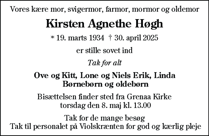 Dødsannonce for Kirsten Agnethe Høgh