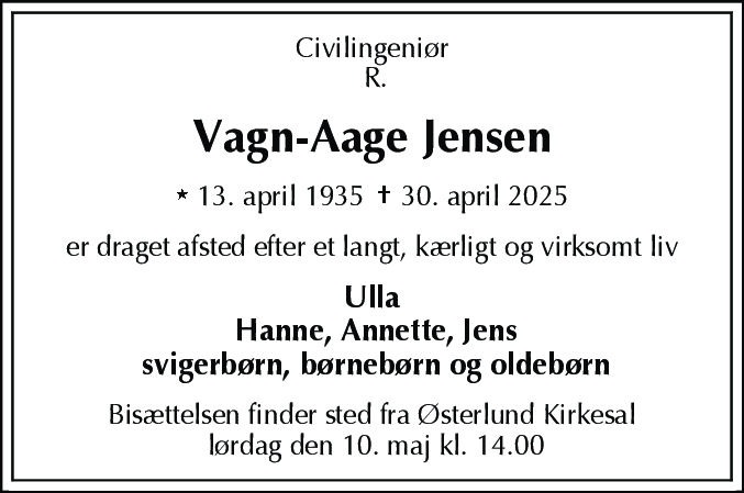 Dødsannonce for Vagn Aage Jensen