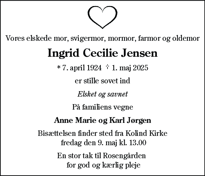 Dødsannonce for Ingrid Cecilie Jensen