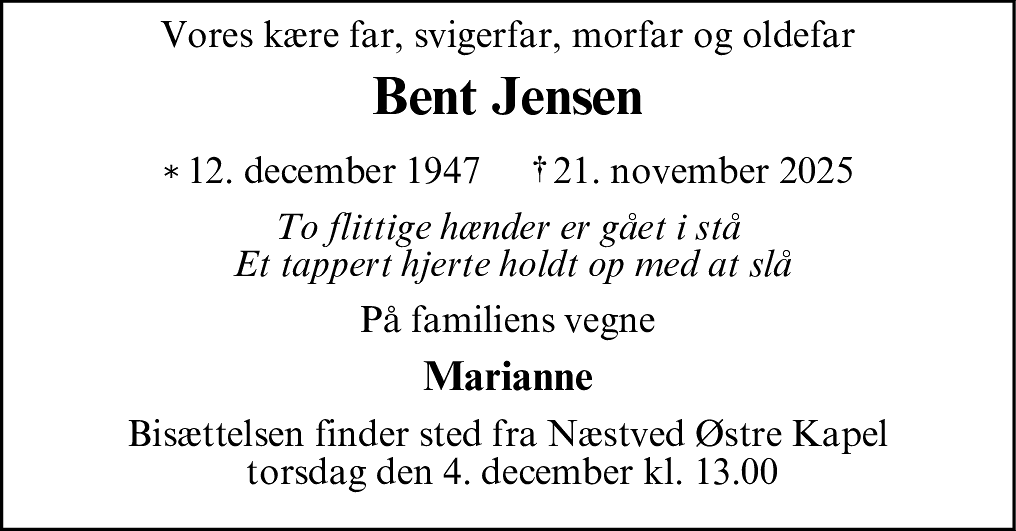Dødsannonce for Bent Jensen