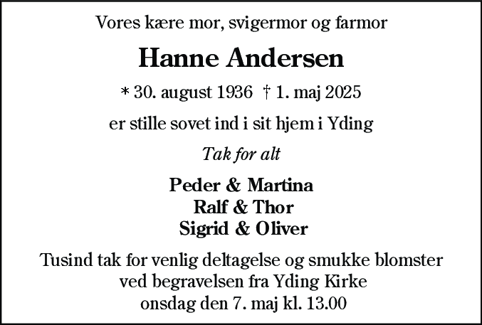 Dødsannonce for Johanne Andersen