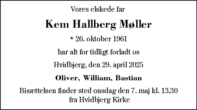 Dødsannonce for Kem Hallberg Møller