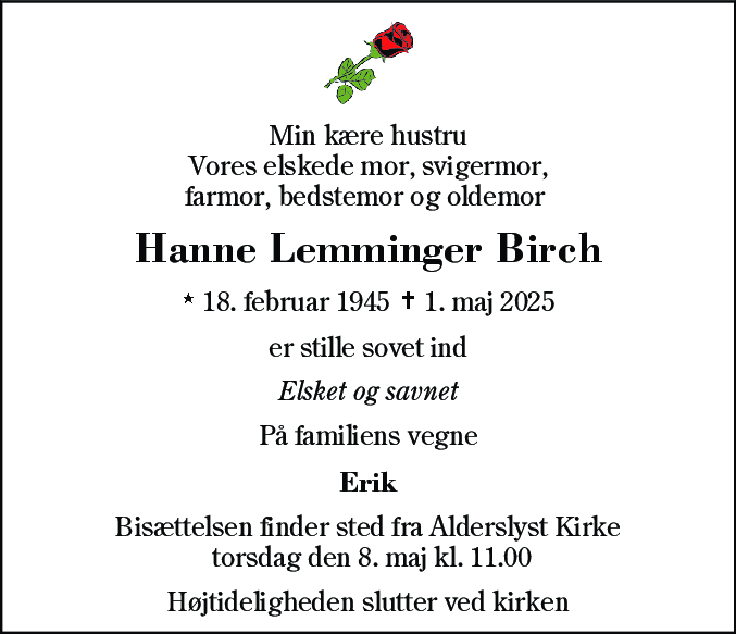 Dødsannonce for Hanne Lemminger Birch