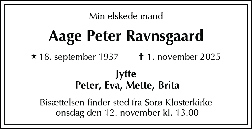 Dødsannonce for Aage Peter Ravnsgaard