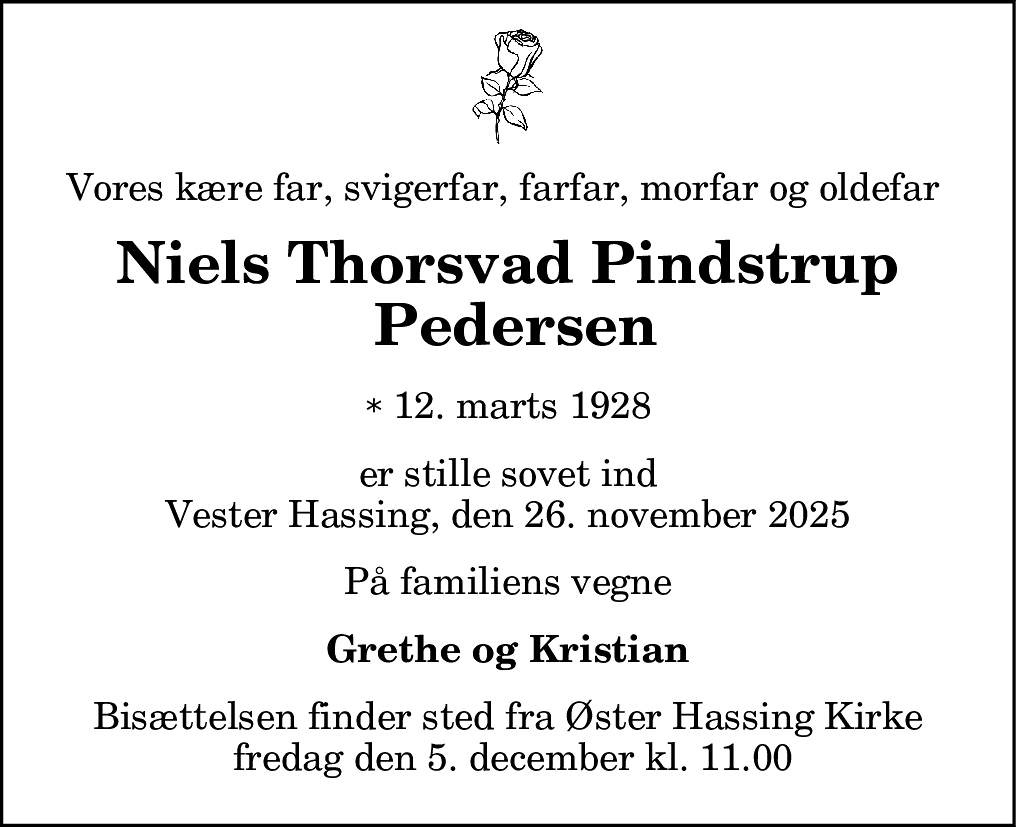 Dødsannonce for Niels Thorsvad Pindstrup Pedersen