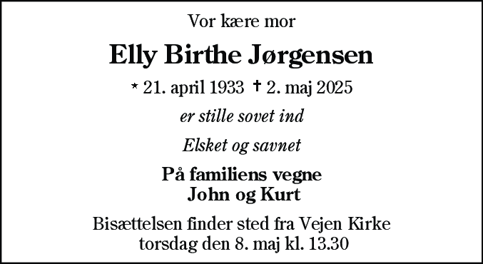 Dødsannonce for Elly Birthe Jørgensen