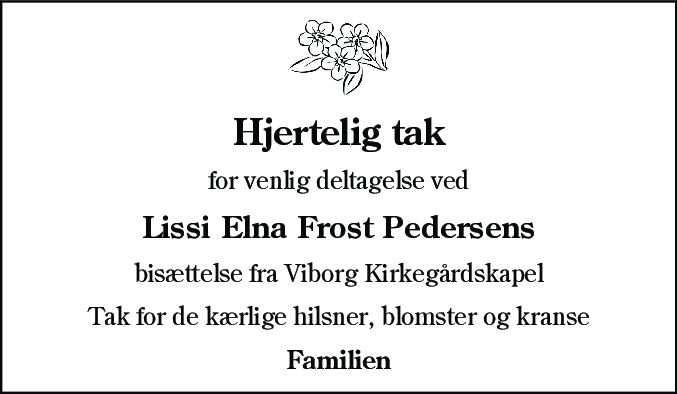 Dødsannonce for Lissi Elna Frost Pedersen