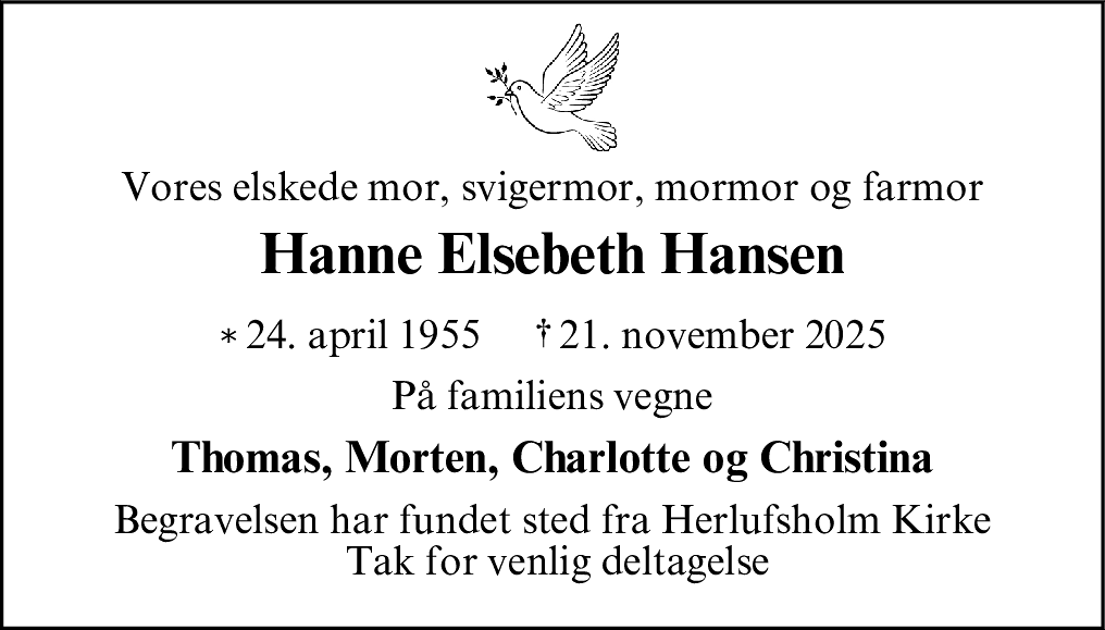 Dødsannonce for Hanne Elsebeth Hansen