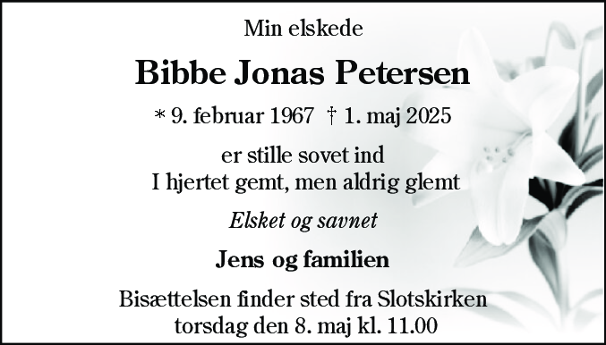 Dødsannonce for Bibbe Jonas Petersen