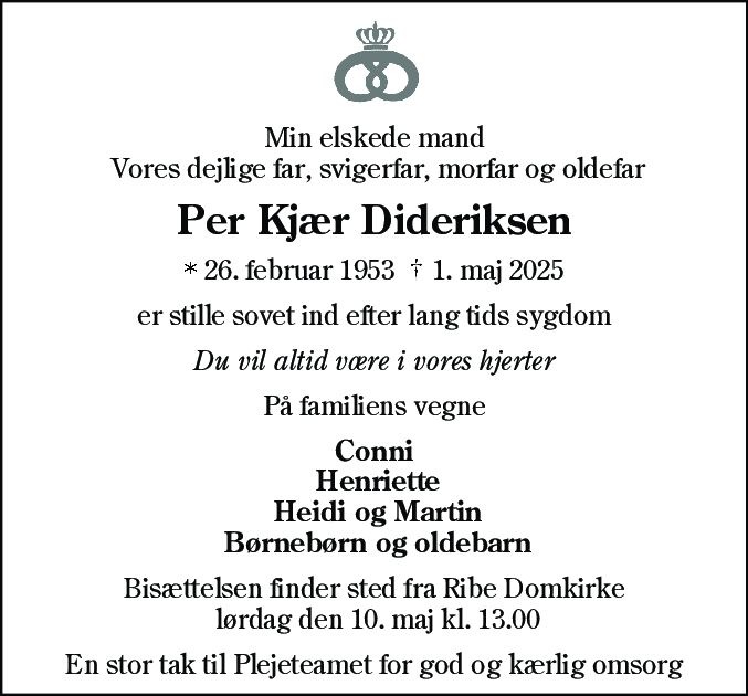 Dødsannonce for Per Kjær Dideriksen