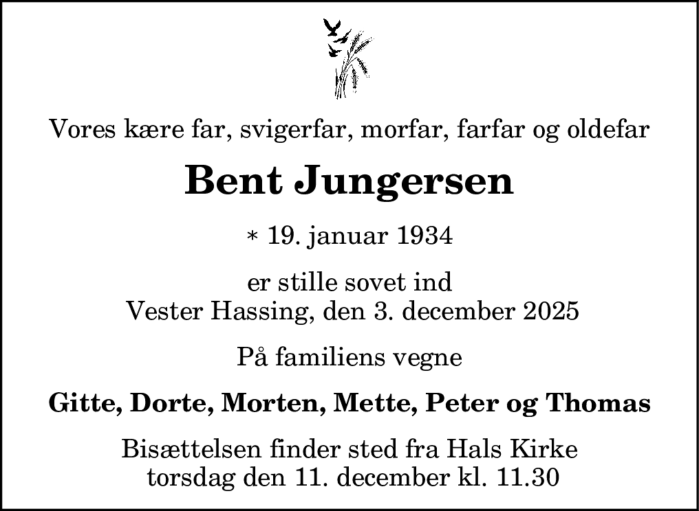 Dødsannonce for Bent Jungersen