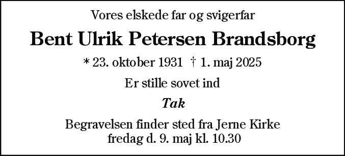 Dødsannonce for Bent Ulrik Petersen Brandsborg