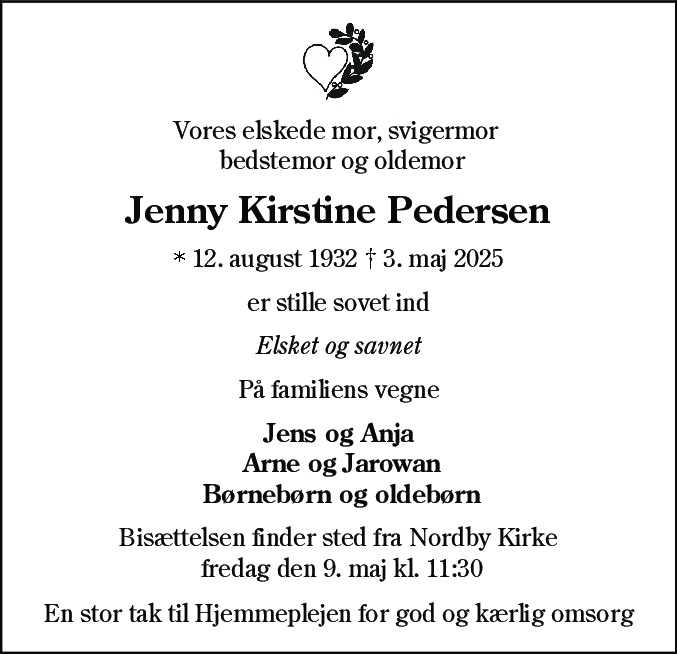 Dødsannonce for Jenny Kirstine Pedersen