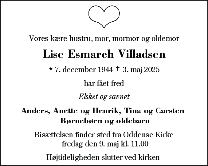 Dødsannonce for Lise Villadsen