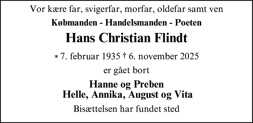 Dødsannonce for Hans Christian Flindt