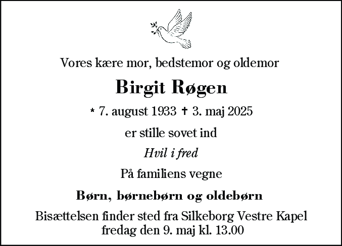 Dødsannonce for Birgit Røgen