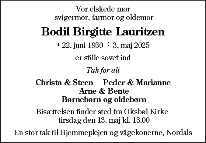 Dødsannonce for Bodil Birgitte Lauritzen