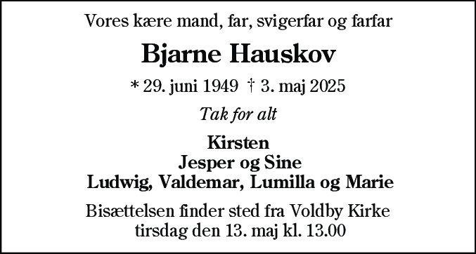 Dødsannonce for Bjarne Hauskov