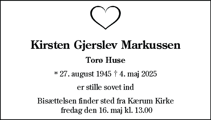 Dødsannonce for Kirsten Gjerslev Markussen