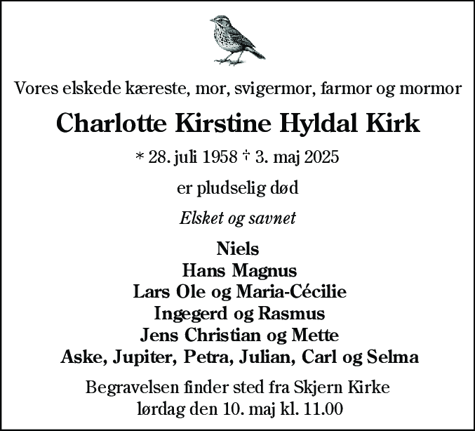 Dødsannonce for Charlotte Kirstine Hyldal Kirk