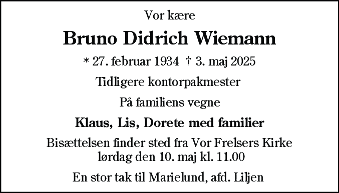 Dødsannonce for Bruno Didrich Wiemann