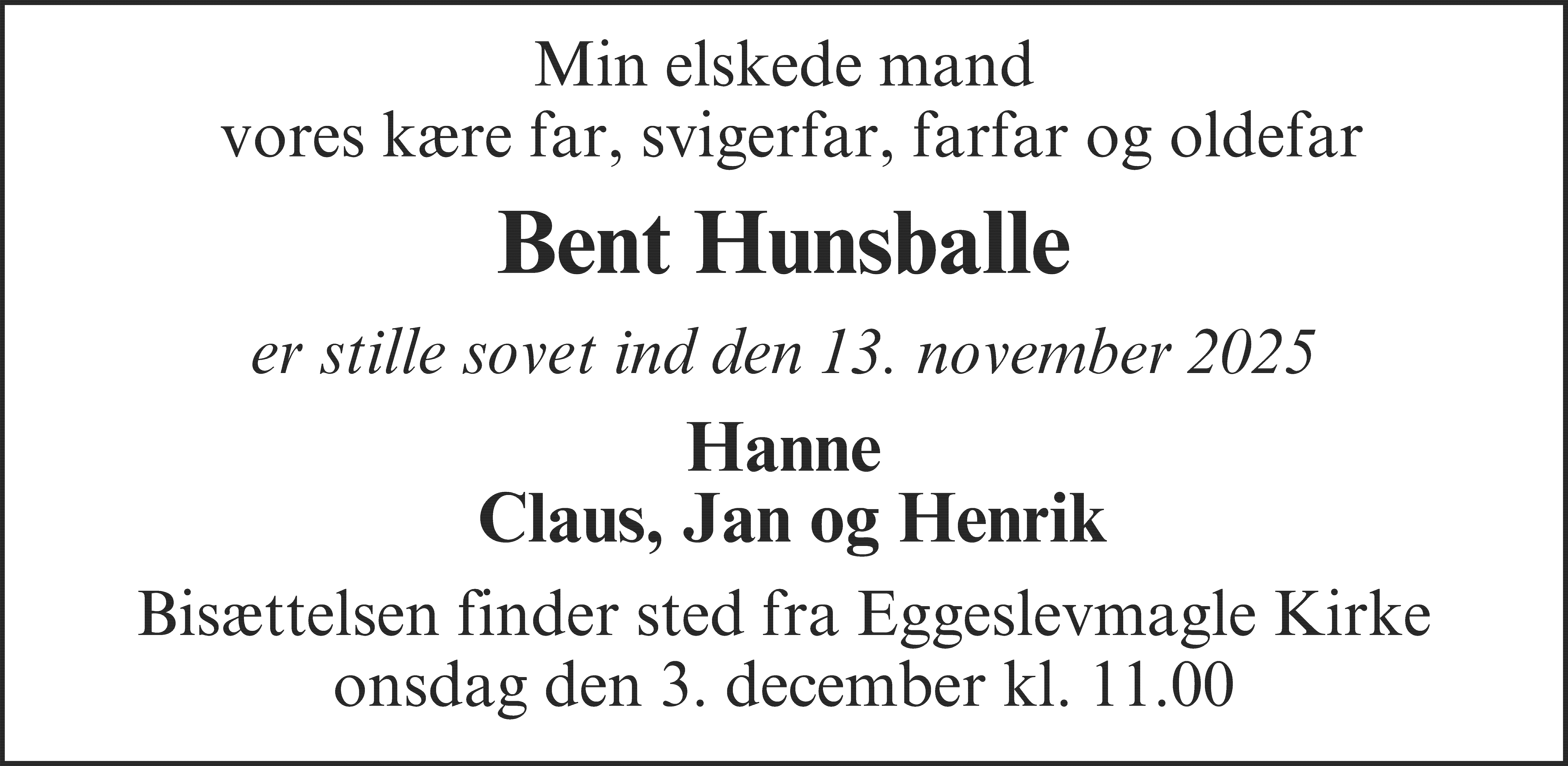 Dødsannonce for Bent Hunsballe
