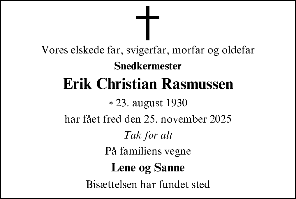 Dødsannonce for Erik Christian Rasmussen