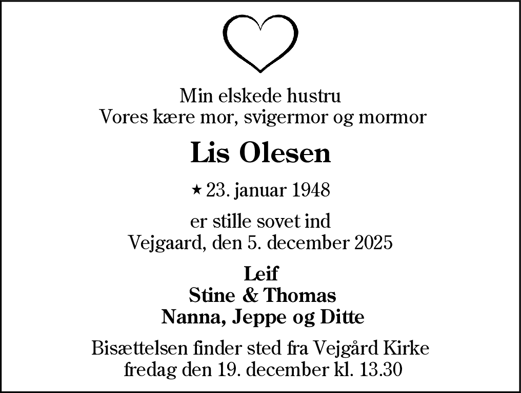Dødsannonce for Lis Olesen