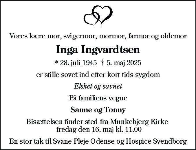 Dødsannonce for Irma Inga Ingvardtsen