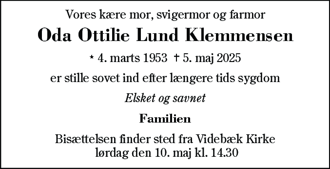 Dødsannonce for Oda Ottilie Lund Klemmensen