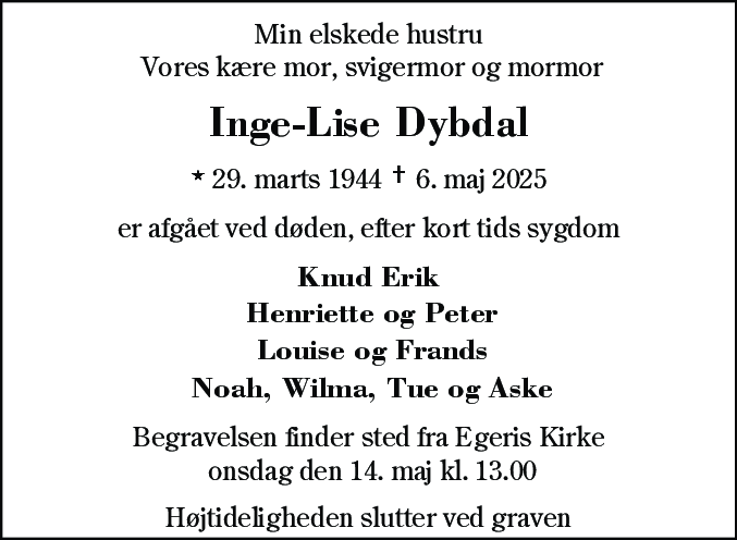 Dødsannonce for Inge-Lise Dybdal