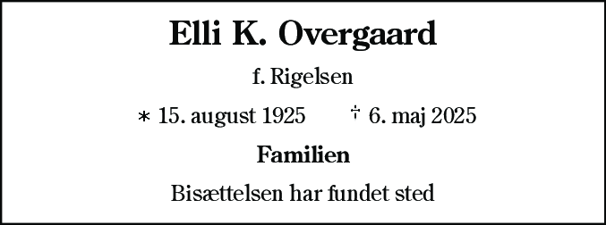 Dødsannonce for Elli Kathrine Overgaard
