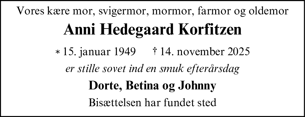 Dødsannonce for Anni Hedegaard Korfitzen