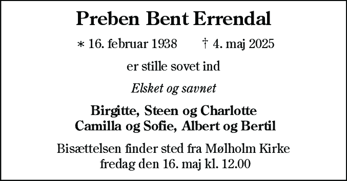 Dødsannonce for Preben Bent Errendal
