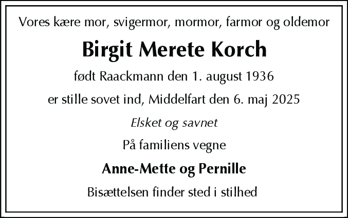 Dødsannonce for Birgit Merete Korch