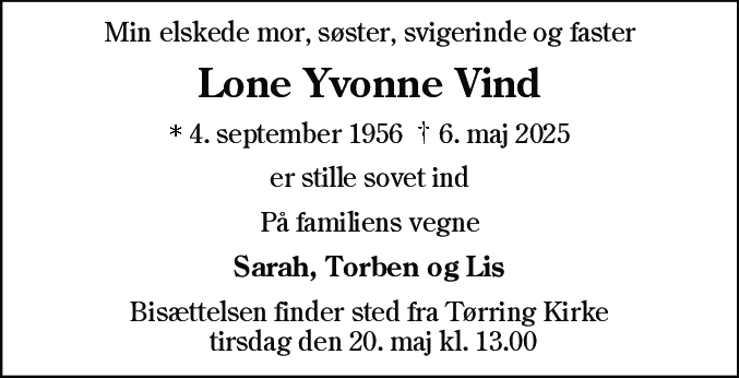 Dødsannonce for Lone Yvonne Vind