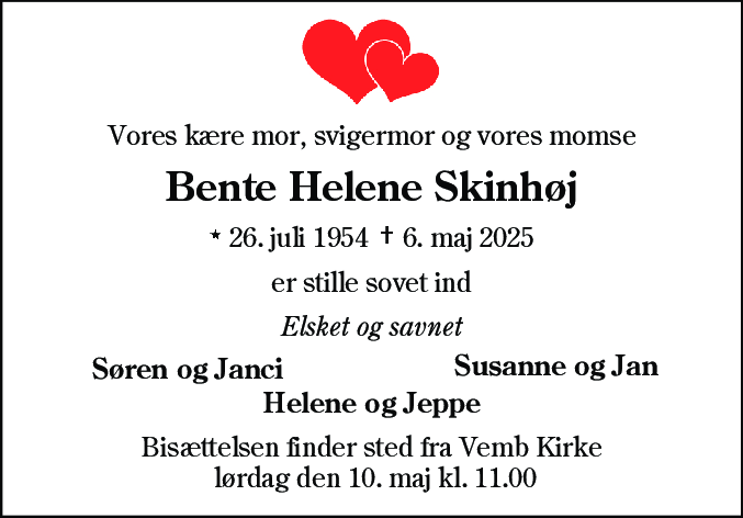 Dødsannonce for Bente Helene Skinhøj