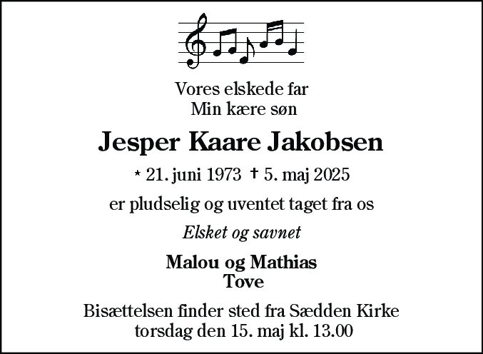 Dødsannonce for Jesper Kaare Jakobsen