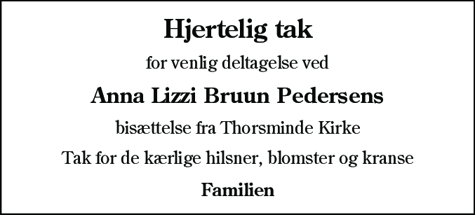 Dødsannonce for Anna Lizzi Bruun Pedersen