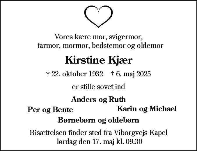 Dødsannonce for Kirstine Kjær