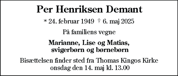 Dødsannonce for Per Henriksen Demant